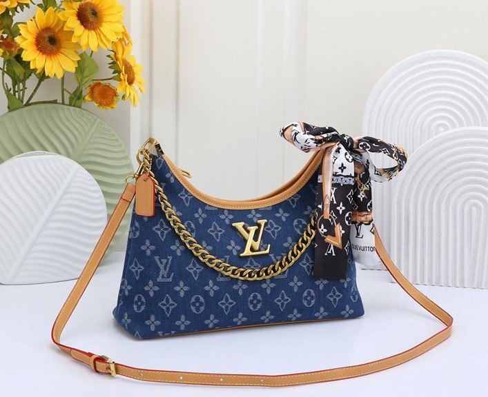 Women's Denim Blue Monogram Shoulder Bag with Chain Strap & Silk Scarf Crossbody Purse Bag