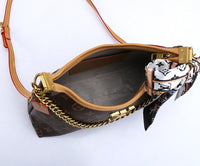 Women's Denim Blue Monogram Shoulder Bag with Chain Strap & Silk Scarf Crossbody Purse Bag