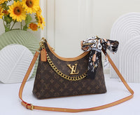 Women's Denim Blue Monogram Shoulder Bag with Chain Strap & Silk Scarf Crossbody Purse Bag