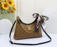 Women's Denim Blue Monogram Shoulder Bag with Chain Strap & Silk Scarf Crossbody Purse Bag