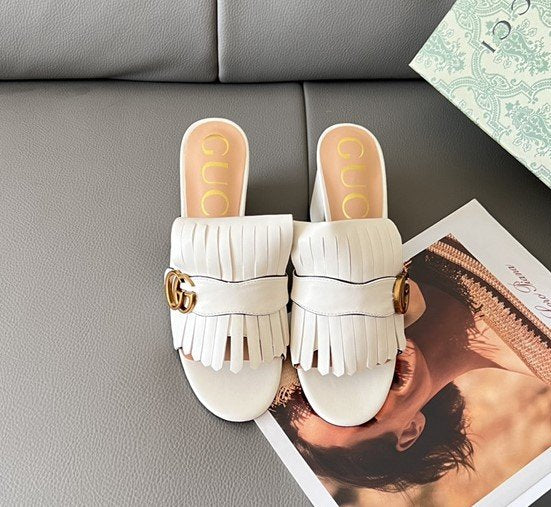 Marmont Metallic Leather GG Marmont Fringe Mules Daily Stuff
